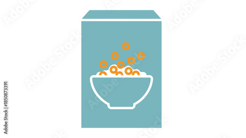 Cereal Box and Bowl with Floating O-Shaped Cereal Pieces, Breakfast Icon