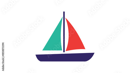 A vibrantly colored sailboat with red and teal sails on a deep blue hull, representing adventure and travel