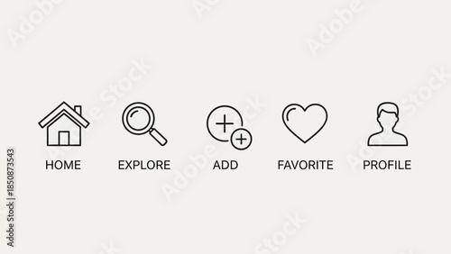 Set of five essential user interface navigation icons for home, explore, add, favorite, and profile, with corresponding text labels below each symbol on light background