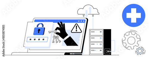 Online security, data protection, cloud computing, healthcare, system functionality, server maintenance. Hand holding a key with a laptop showing a padlock. Online security and data protection