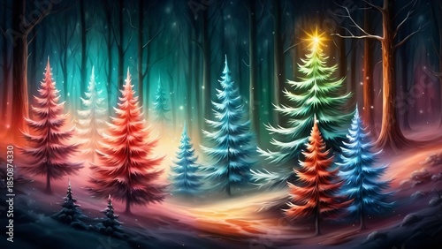 Enchanted Forest with Glowing Christmas Trees