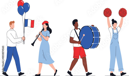 Set of National Day Celebration Illustrations Featuring Parade Participants with French Flag Drums Clarinet and Pom-poms.
