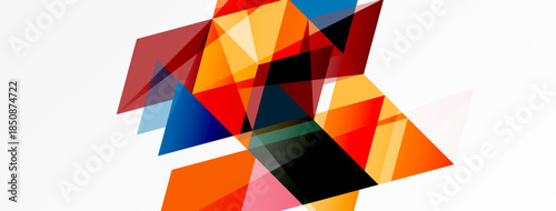 Abstract geometric shapes overlap, creating vibrant color contrasts. Composition focuses on triangles, rectangles, dynamic angles. Minimalist design.