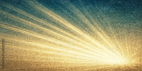 Abstract grunge vector landscape featuring a summer meadow under a sunset sky with light rays over rural farm grass and clouds