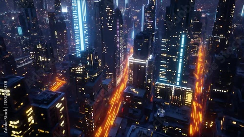 Vibrant city skyline at night, Aerial view of a vibrant city skyline at night, featuring illuminated skyscrapers and busy streets with glowing lights