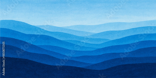 Abstract blue wave background featuring a misty mountain landscape at sunrise with snow peaks and a forest valley under a cloudy morning sky