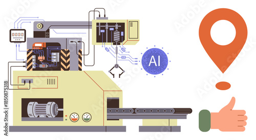 Industrial robot with conveyor belt, motor, control panels, AI integration, and feedback icons. Ideal for manufacturing, technology, AI, robotics process automation innovation and engineering