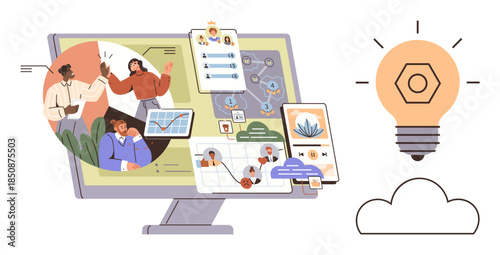 Computer screen with graphics of team discussions, workflows, charts, and collaboration tools next to a glowing lightbulb with cloud. Ideal for teamwork, brainstorming, productivity, innovation