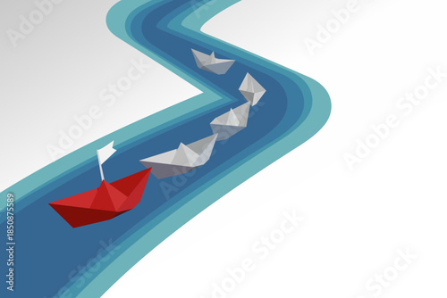 Business leadership concept with red paper boat leading white boats along a blue winding river. Success, teamwork, and direction strategy vector illustration.