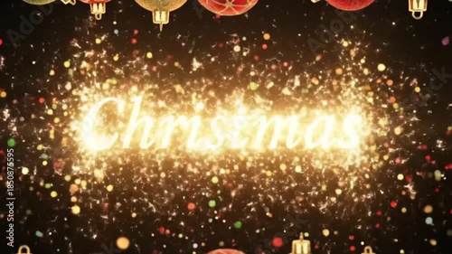 Magical christmas text with ornaments and glitter particles animation festive season greetings