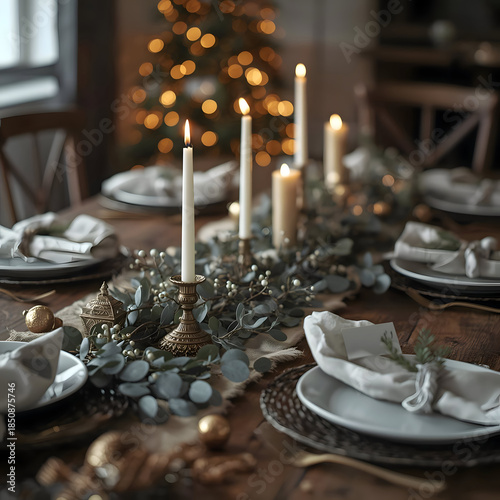 Warm and inviting Christmas dinner table setting, elegantly decorated with candles, festive greenery, and golden ornaments. cozy atmosphere with blurred Christmas tree background evokes joyful