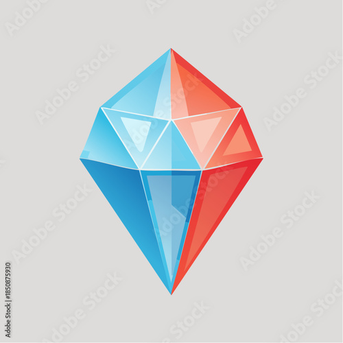 Stylized diamond with blue and red facets on a light gray background.