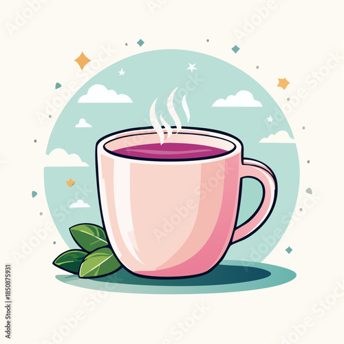 Illustration of a pink mug filled with purple liquid, with mint leaves.