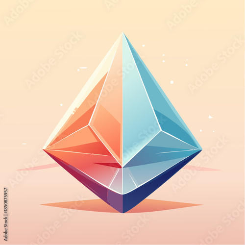 Abstract geometric diamond shape with orange and blue facets on a light background.