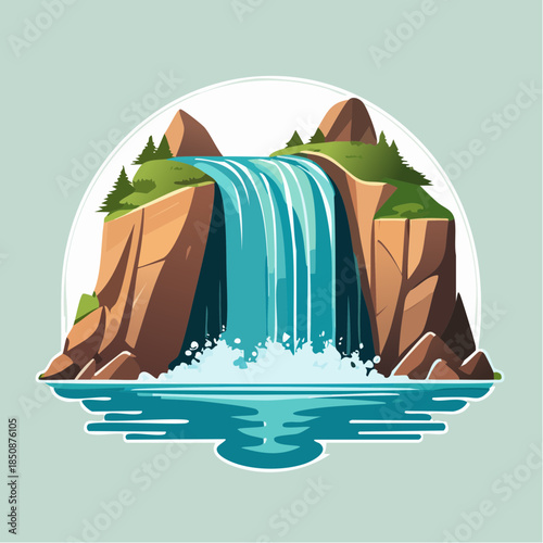 Cartoon illustration of a waterfall cascading down rocky cliffs into a pool of water.