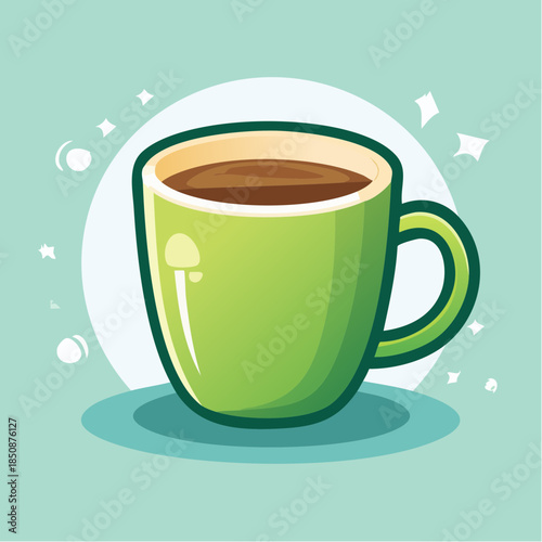 Illustration of a green mug filled with brown liquid, possibly coffee or tea, on a light blue background.