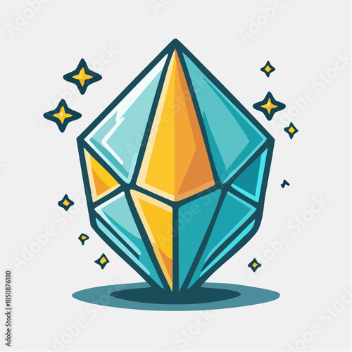 Stylized cartoon diamond with blue and yellow facets and sparkling stars.