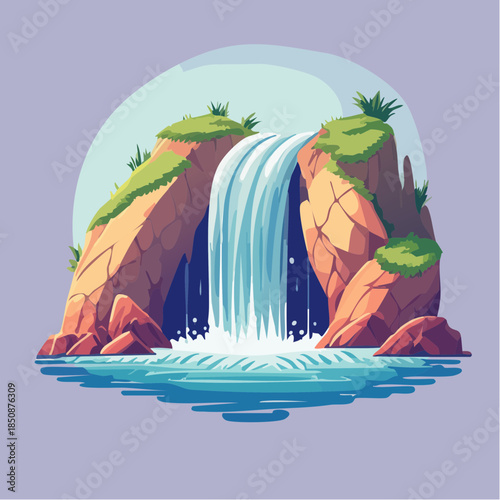 Cartoon illustration of a waterfall cascading between rocky cliffs into a pool of water.