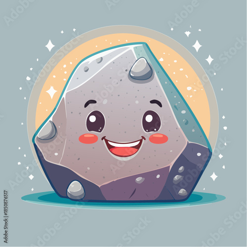 Cute cartoon rock character with a happy expression and rosy cheeks.