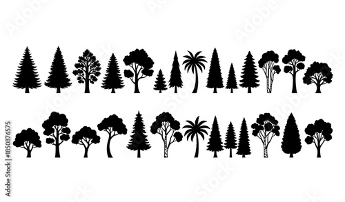 Black tree silhouette vector set with evergreen and deciduous forest shapes isolated on white background