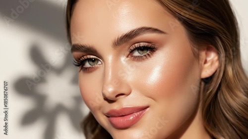 Beautiful Woman with Flawless Makeup and Glowing Skin in Natural Lighting, Beauty Concept