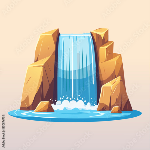 Cartoon illustration of a waterfall cascading between rocky cliffs into a pool of water.