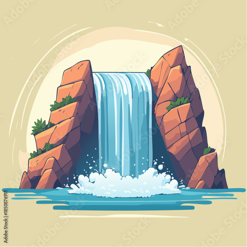 Cartoon illustration of a waterfall cascading between two large, jagged rocks into a pool of water.