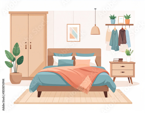 A cozy and modern bedroom interior with a bed, wardrobe, bedside table, and decorative elements.