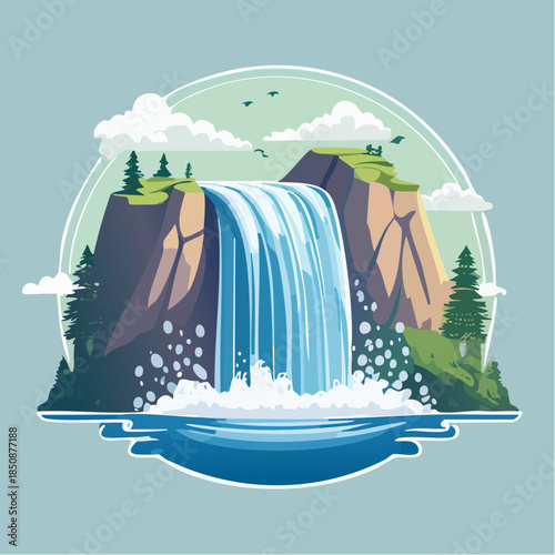 A vibrant cartoon illustration of a waterfall cascading between rocky cliffs into a serene pool, surrounded by lush greenery and fluffy clouds.