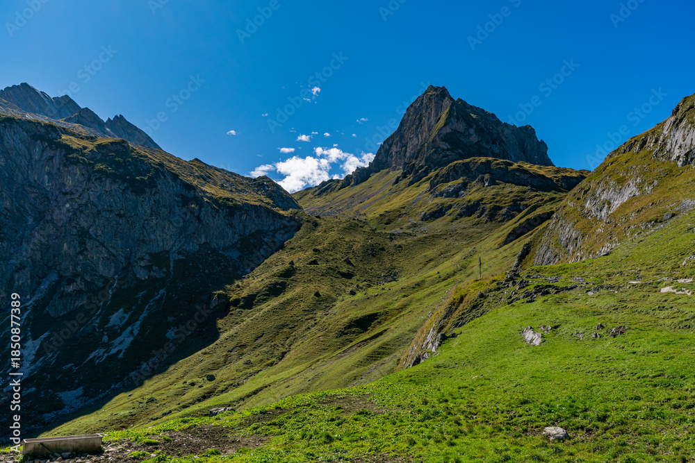 Fototapeta premium Majestic Mutterwangsjoch Summit Reveals Stunning Alpine Panorama in Austrias Great Walser Valley