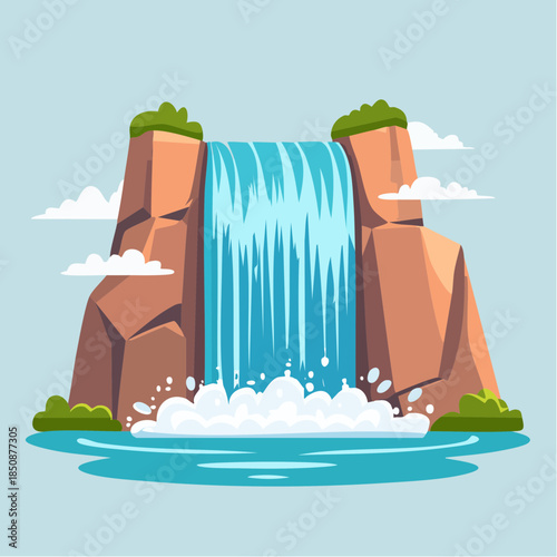 Cartoon illustration of a waterfall cascading between rocky cliffs into a pool of water.