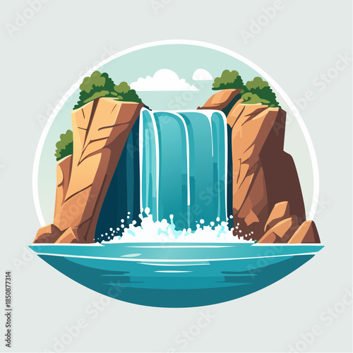 Cartoon illustration of a waterfall cascading into a pool of water between rocky cliffs.