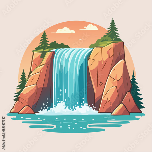Cartoon illustration of a waterfall cascading over rocks into a pool of water.