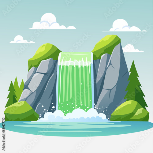 Cartoon illustration of a waterfall cascading into a pool surrounded by rocks and trees.