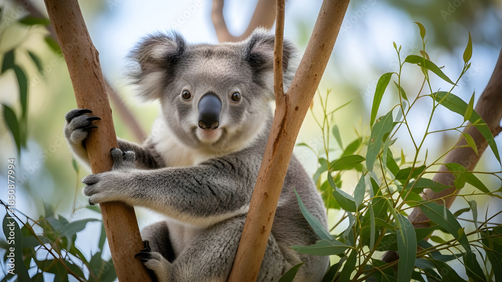 Fototapeta premium Playful Koala Clings To Tree Branch Among Green Leaves In Sunshine