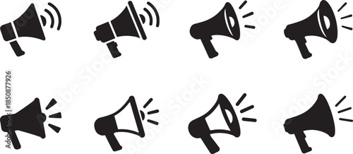   Megaphone loudspeaker icon set for shout and public announcement, clean vector EPS isolated design.