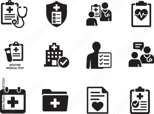 Checkup icon variations set highlighting importance of regular health checkups, clean vector EPS symbols.