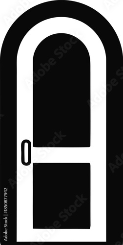 Clean and modern arched door icon featuring a simple handle, created in a crisp black and white vector format, representing entry, home, or passage in design projects
