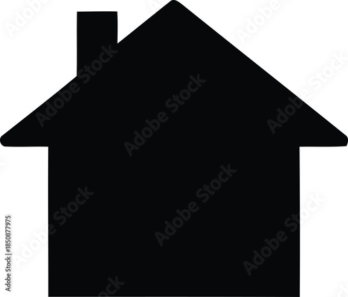 A clean and simple black silhouette illustration of a generic house with a pointed roof and chimney, representing fundamental concepts of home, shelter, real estate, and basic residential architecture