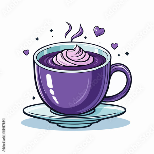 A purple cup of hot drink with whipped cream and heart decorations.