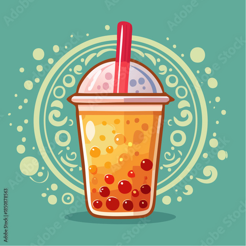 Cartoon illustration of a bubble tea drink with tapioca pearls and a straw.