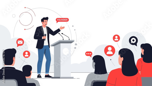 business presentation with confident speaker addressing an audience and engaging participants in