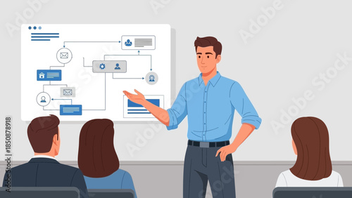 business presentation with a professional presenter explaining data flow and process diagrams to