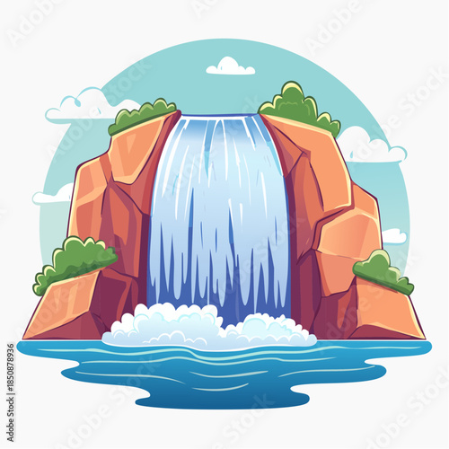 Cartoon illustration of a waterfall cascading into a pool of water with rocks and greenery.