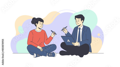 Modern interview or coaching session between a young woman and a male professional in a casual