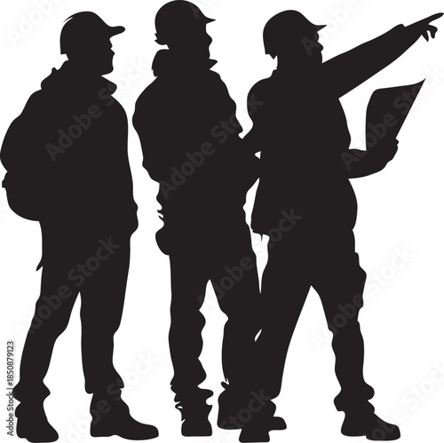 Three Construction Workers Teamwork Silhouette Working Together