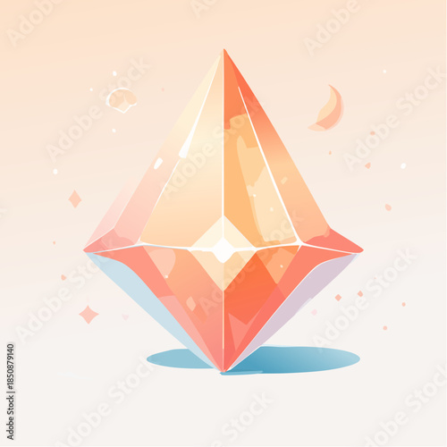 A shimmering, peach-colored crystal with a bright white light at its center, set against a soft, pastel background.
