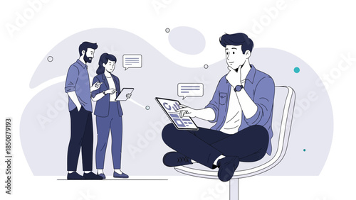 professional man working on a digital tablet while two colleagues discuss ideas in a modern office