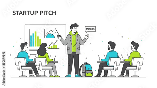 Business presentation of startup pitch with graph charts and a speaker leading discussion