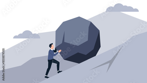 Person Pushing Heavy Rock Uphill as Symbol of Hard Work and Perseverance